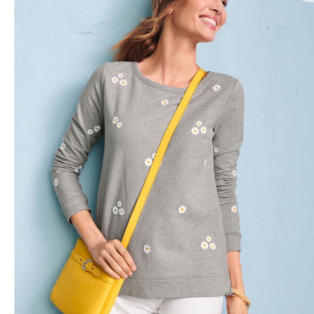 Talbots Gray Floral Sweatshirt with Embroidered Daisies
